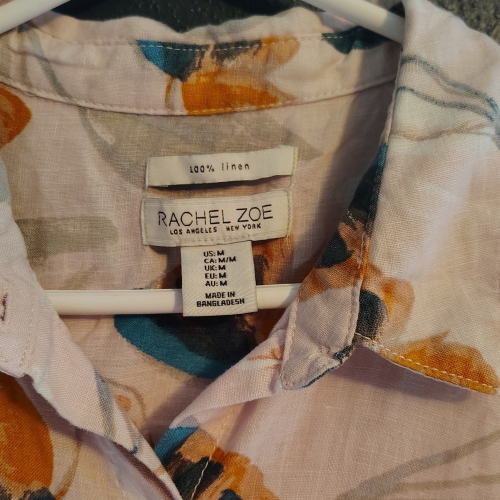 Rachel Zoe Women's Casual Linen Shirt Dress Orange and Blue Floral Pattern - Picture 2 of 6